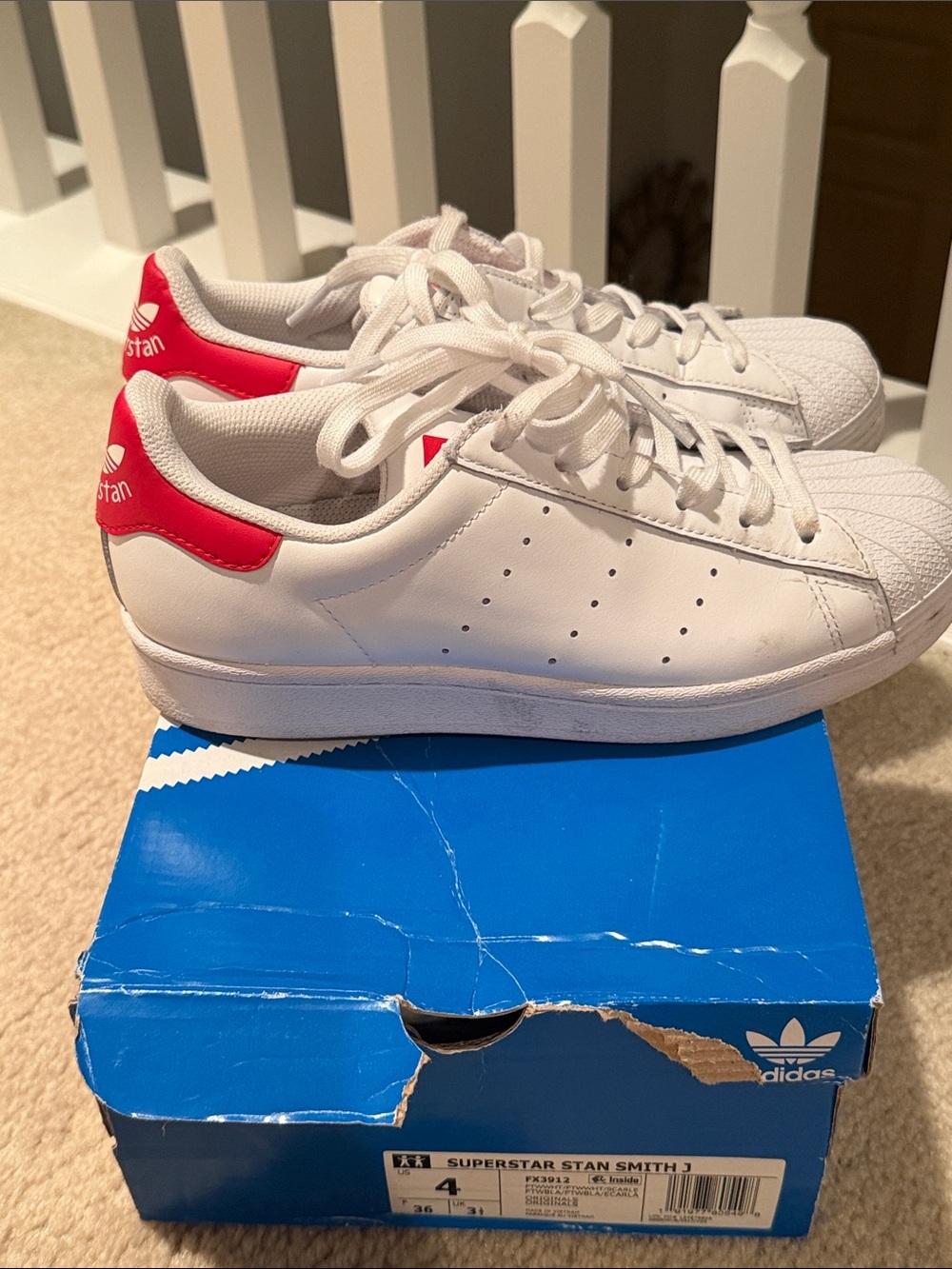 adidas Stan Smith White Sneakers with Red Heel Accents